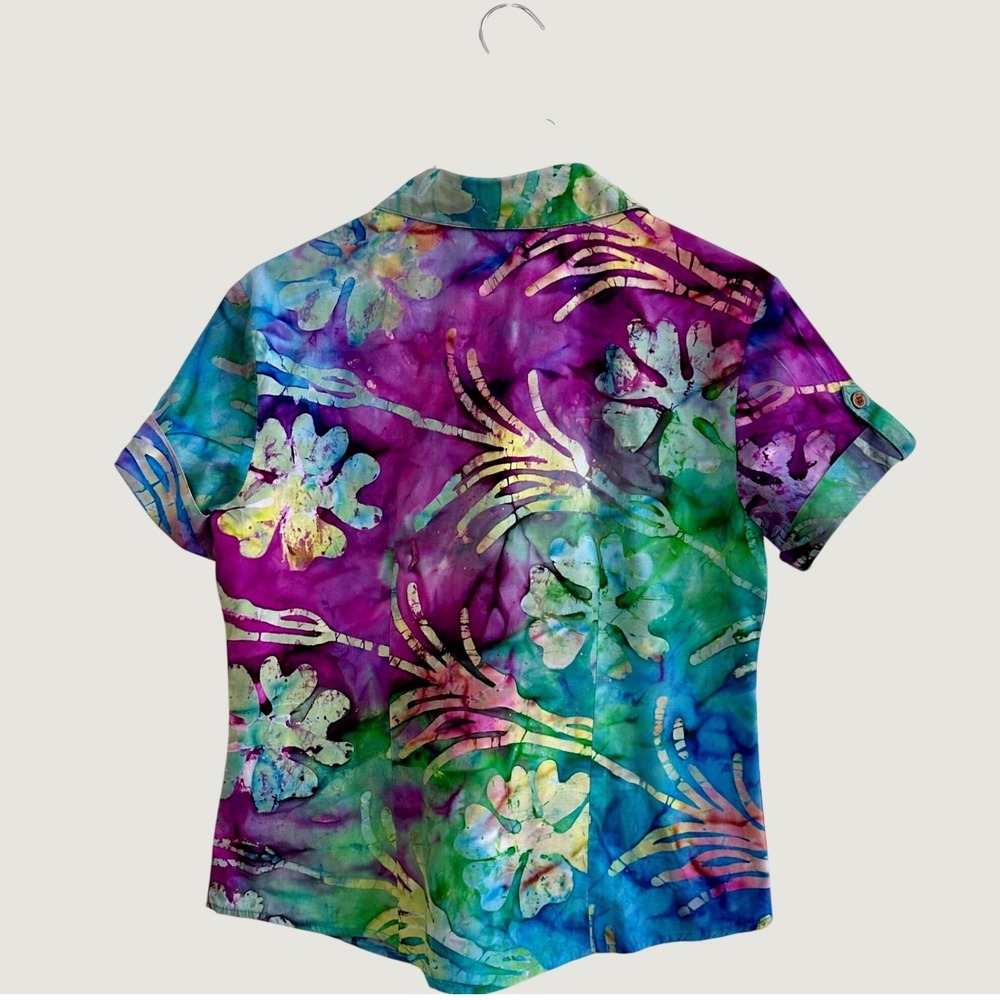 Caribbean Joe Womens Boho M Batik Floral Button Cotton Short Sleeve Multi - Picture 2 of 5